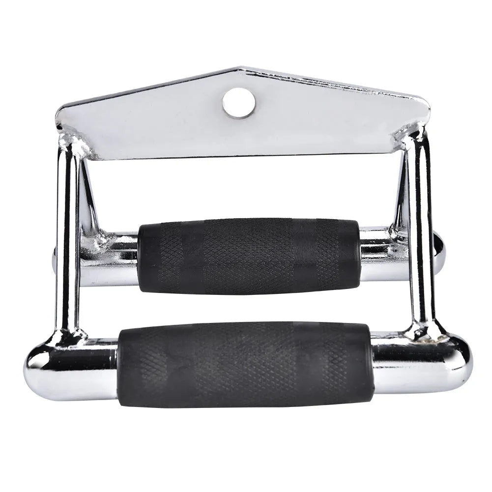 Steel triangle bar cable machine attachment in silver finish with central D-ring