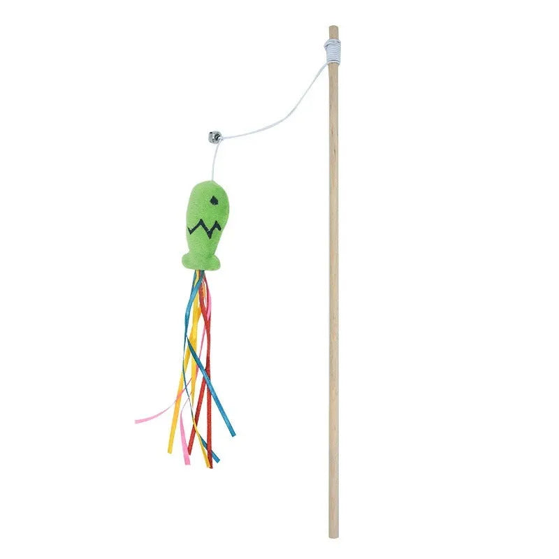 Colourful cat wand toy with ribbons, catnip fish, and bell on a wooden handle for indoor cats