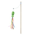 Colourful cat wand toy with ribbons, catnip fish, and bell on a wooden handle for indoor cats