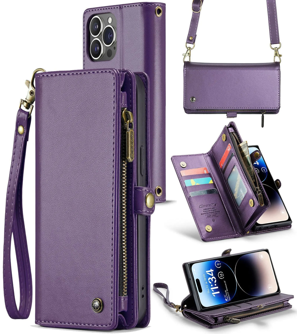 Wallet phone case with card slots, bracket, and lanyard in black, red, pink, purple, or peacock green