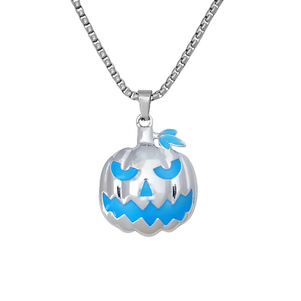Halloween necklace with luminous pumpkin pendant glowing in green light, zinc alloy construction