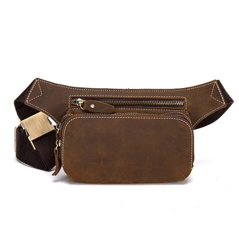 Brown men's cowhide sports waist bag shown from the front, highlighting the pull closure and compact 30cm wide design.