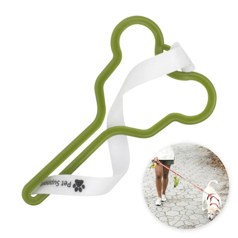 A hands-free dog poop bag holder with a clip and adjustable Velcro strap, shown in a random colour.