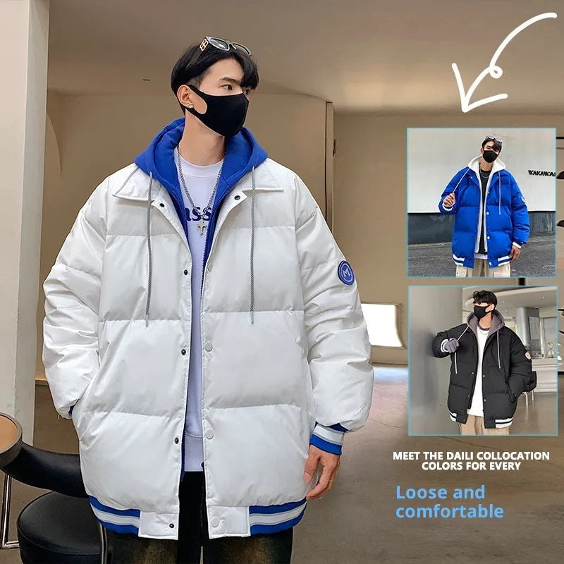White duck down thickened warm couple coat in black, blue, and white, polyester main fabric, sizes M to 3XL