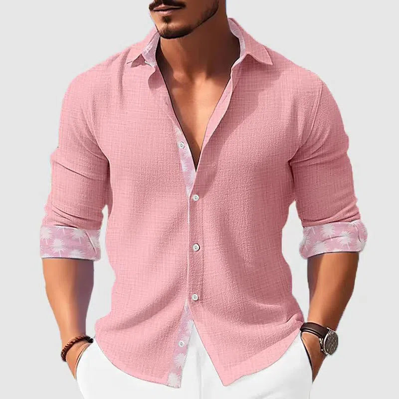 Men's white floral long sleeve shirt with loose cardigan cut, polyester fabric, seven colours available