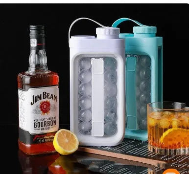 Light blue and white portable ice ball mould kettle showing 17-ball capacity and 2-in-1 bottle design