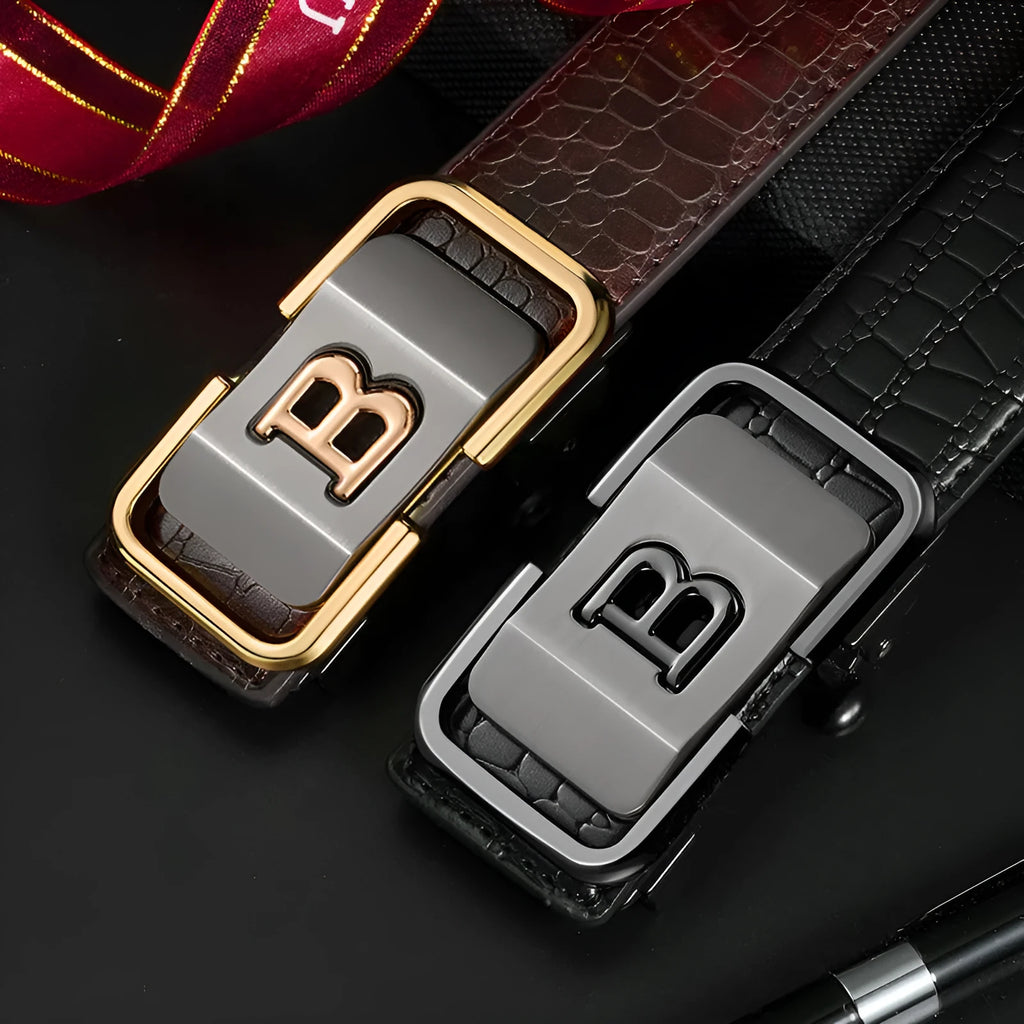 Automatic buckle genuine leather belt 3.3cm width in black with zinc alloy buckle head