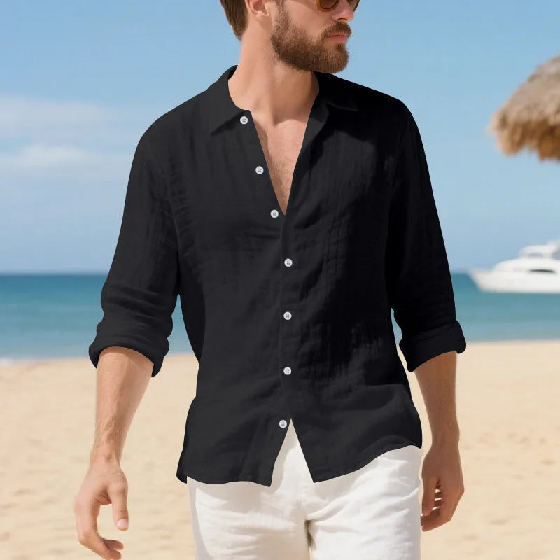 Man wearing a loose-fit light blue linen casual shirt with button-down front, showcasing its relaxed American style.