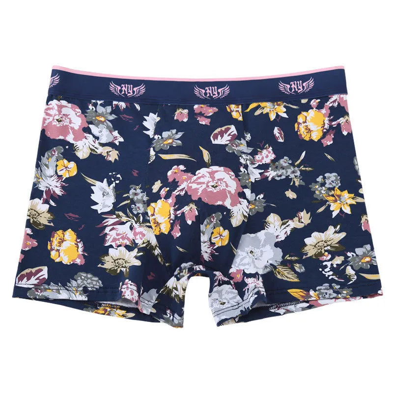 Men's floral print cotton boxer shorts with a U-shaped design, shown in extended sizes.
