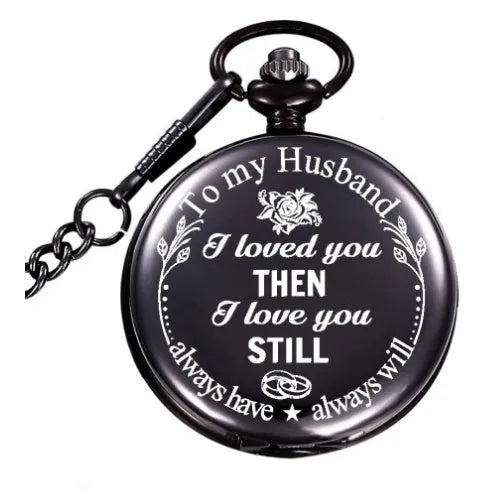 Retro black silver steampunk quartz pocket watch with stainless steel chain 30 cm on black background