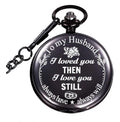 Retro black silver steampunk quartz pocket watch with stainless steel chain 30 cm on black background