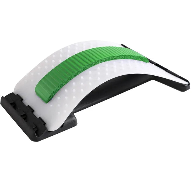 Adjustable back stretcher showing rectangular trapezoid waist massager with multiple massage heads in green and black colour option