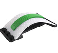 Adjustable back stretcher showing rectangular trapezoid waist massager with multiple massage heads in green and black colour option