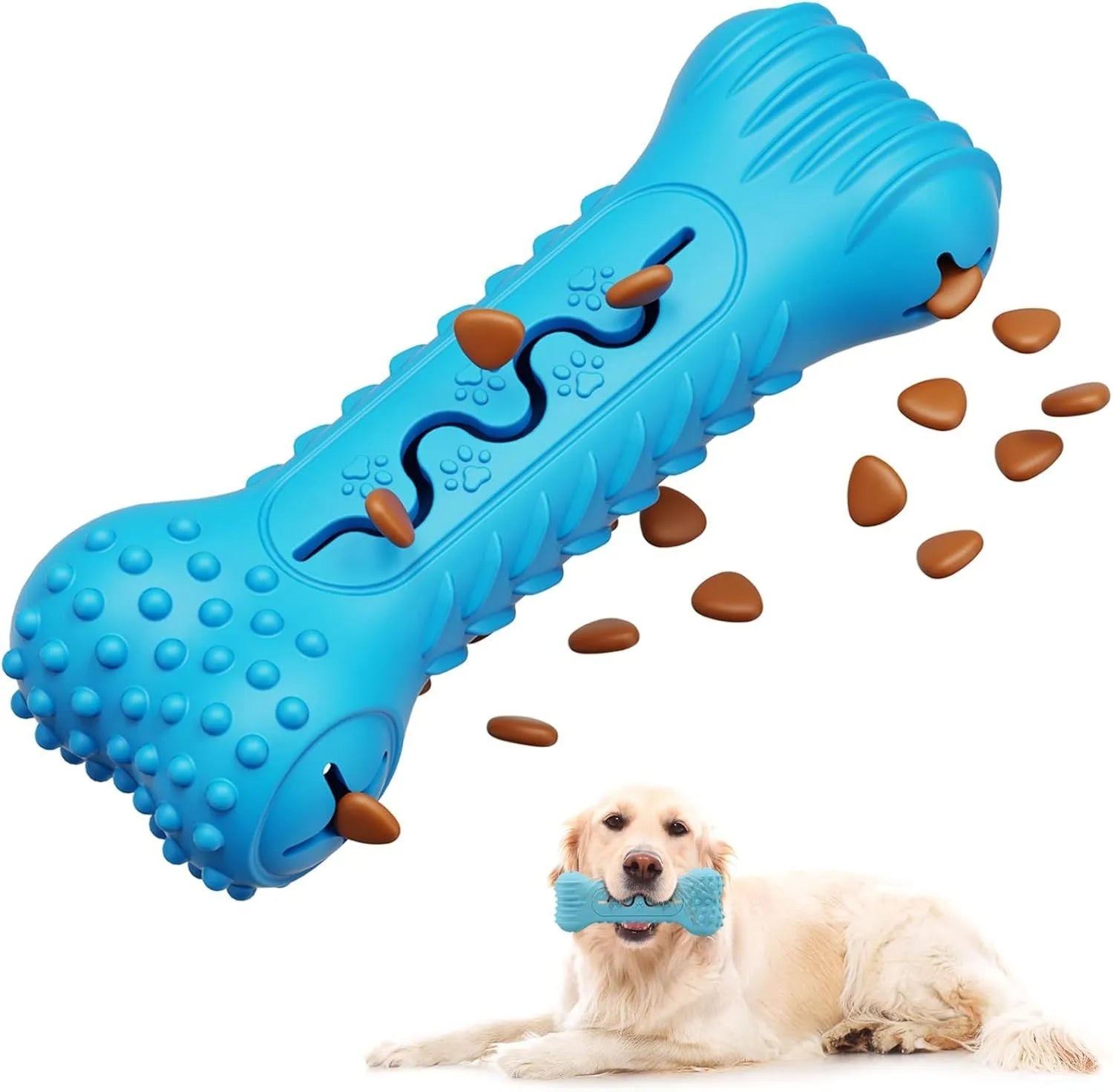 Blue, green, and orange bone-shaped natural rubber dog chew toy on a white background.