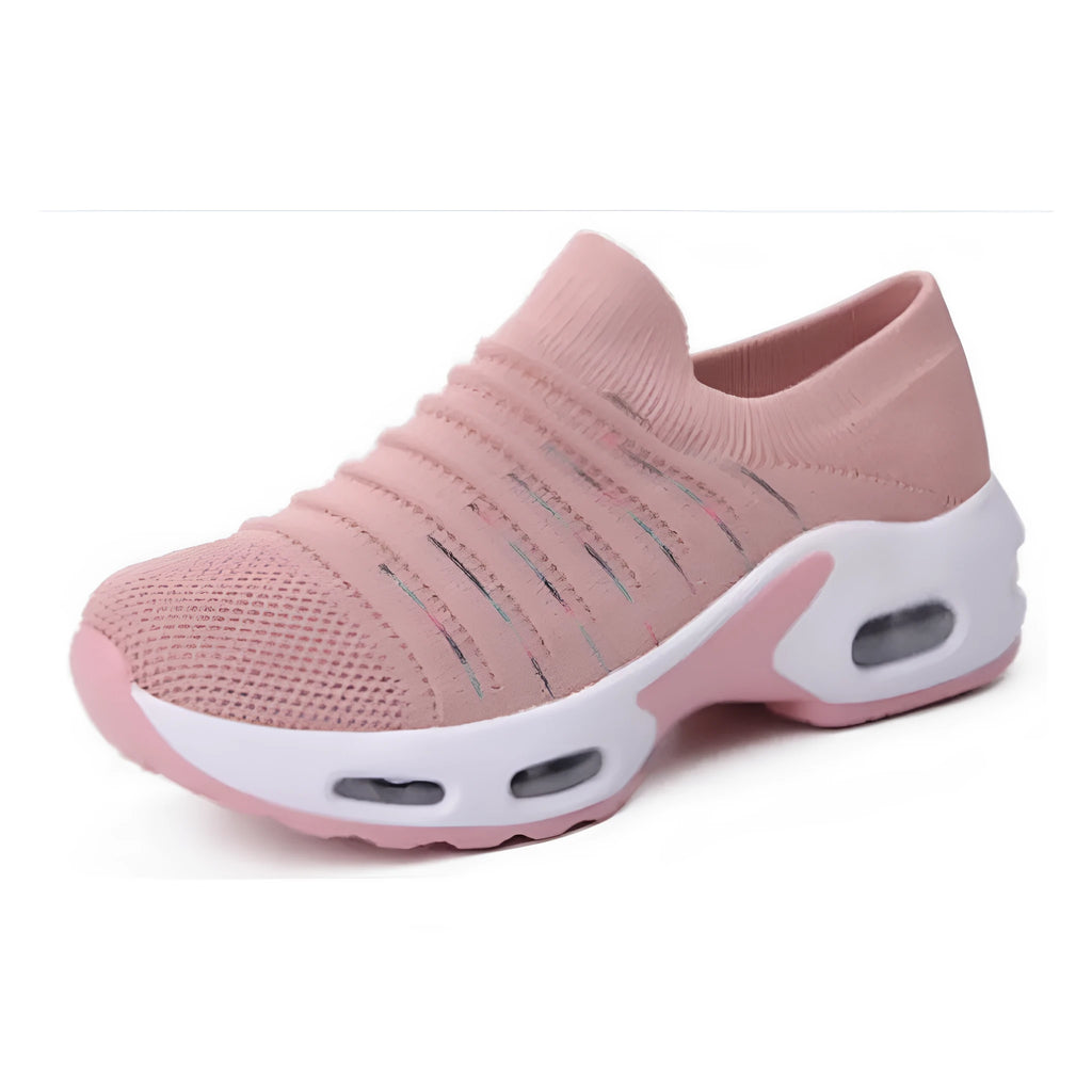 Plus size women's stretch knitted sock shoe in blue with mesh upper and low heel.