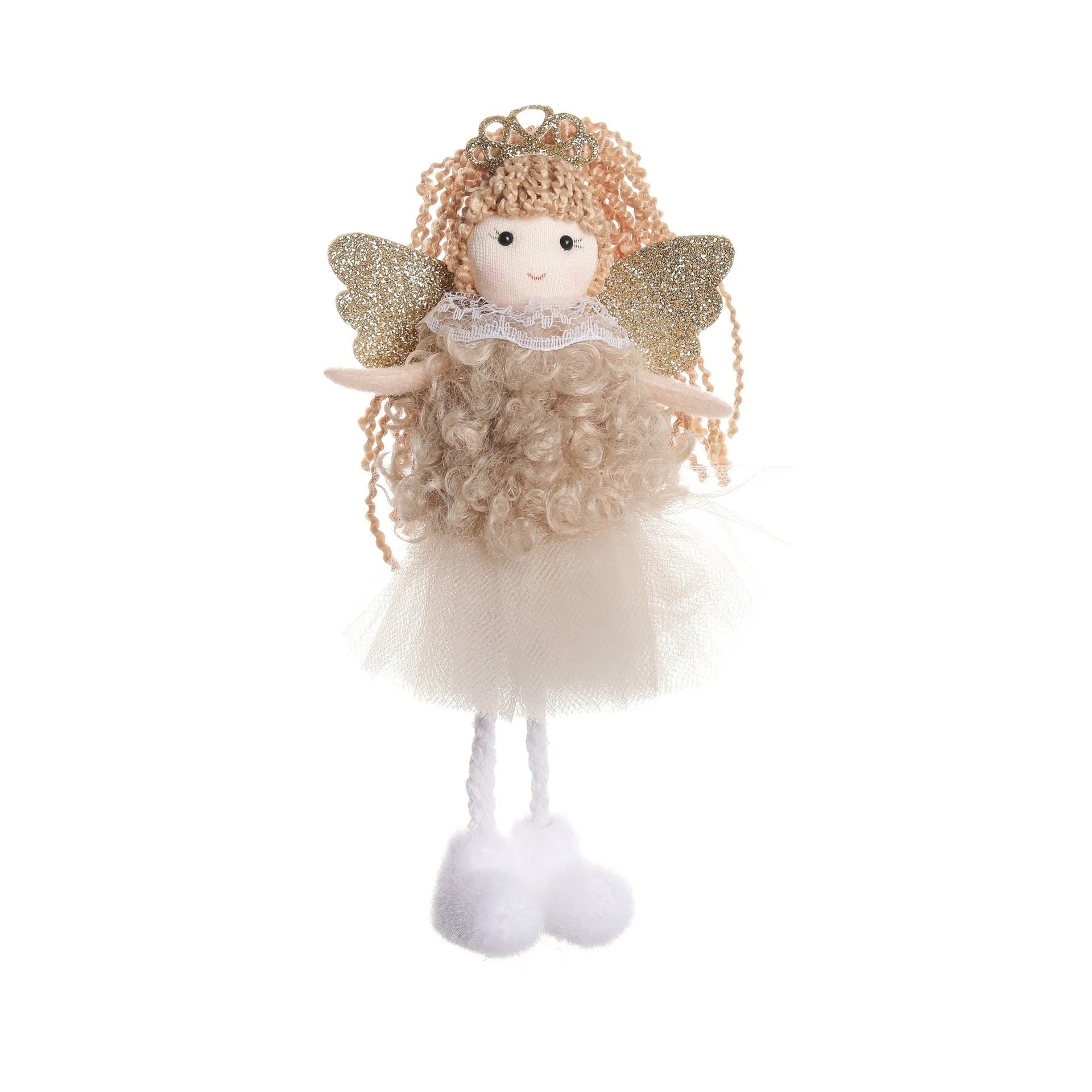 Cartoon-style Christmas angel fabric hair pendant on a girl's high ponytail.