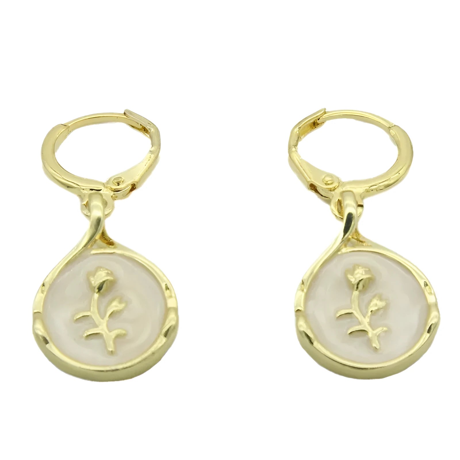 Drop-shaped brass earrings with rose inlay and zircon stones in a teardrop silhouette