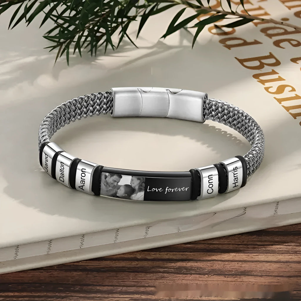Men's stainless steel and leather rope lettering bracelet with heart-shaped beads and electroplated finish