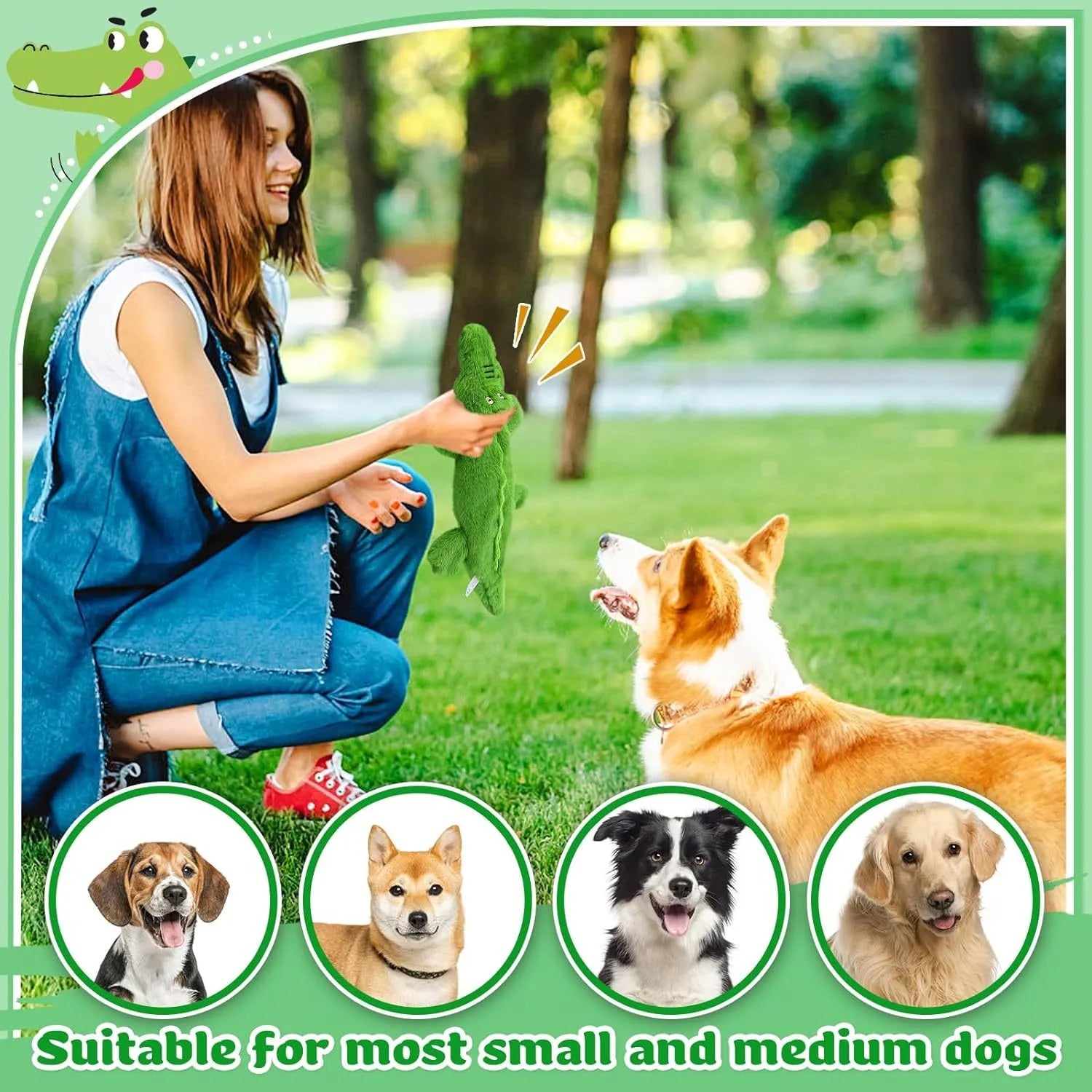 Green crocodile-shaped dog toy with squeaker in head and crinkle paper in tail