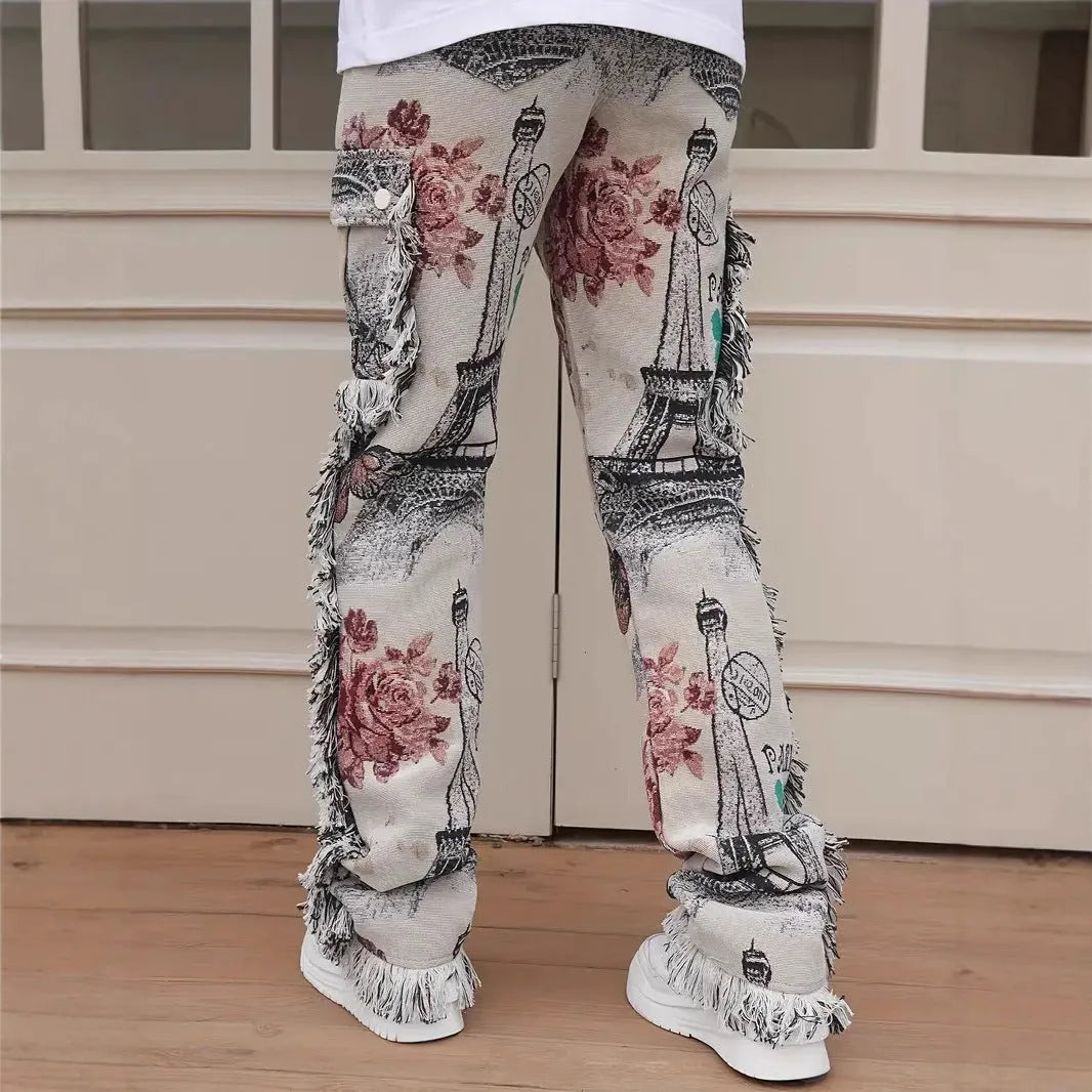 Men's slim fit animal digital printed denim trousers in cotton, mid waist, zip closure