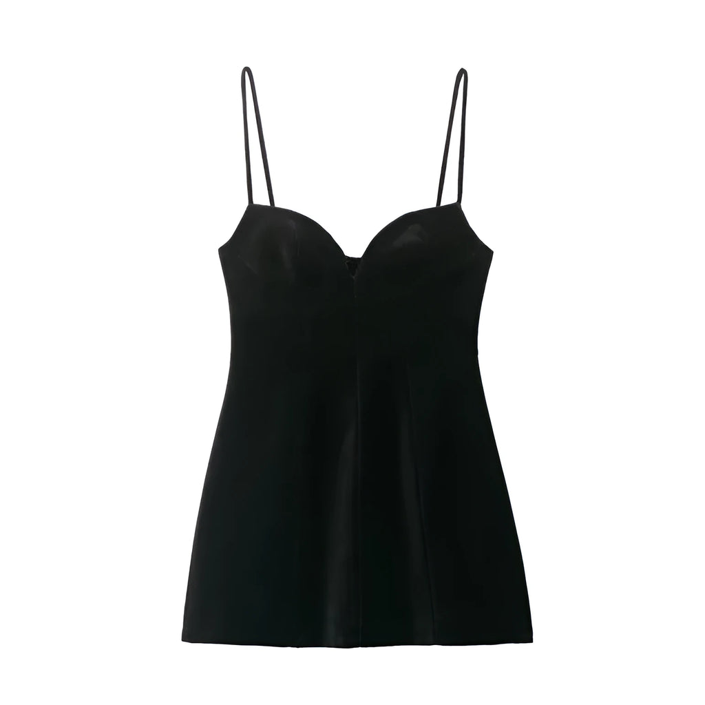 Women's flared hem thin strap short dress in black with stripe and grid pattern, hooded neckline, front view on model