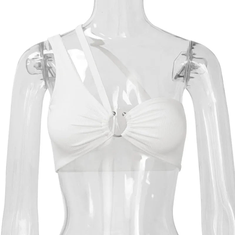Women's ribbed hollow-out crop top with double straps in white showing fitted silhouette and cropped length