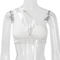 Women's ribbed hollow-out crop top with double straps in white showing fitted silhouette and cropped length