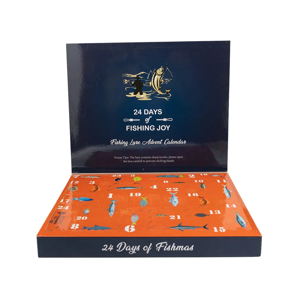 Mino Bog 24-piece metal fishing lure set inside a black plastic storage case with six compartments.