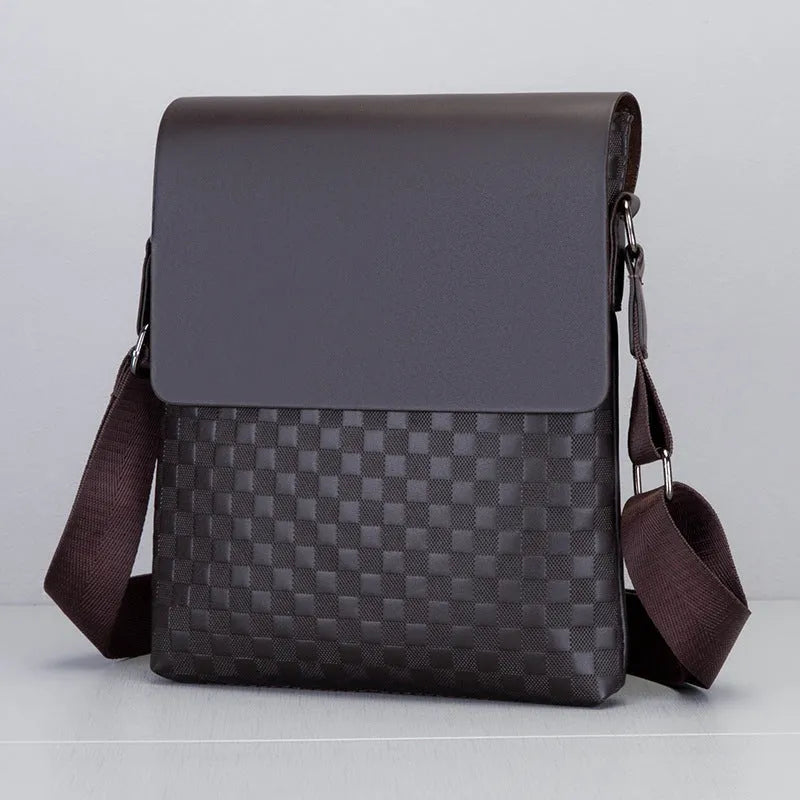 Men's crossbody PU leather messenger bag square vertical section plaid pattern black cover opening