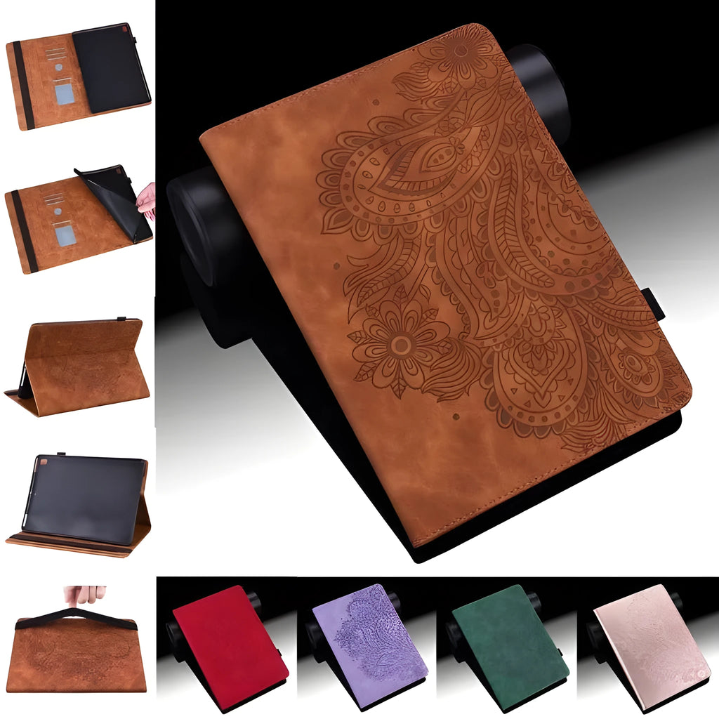 Flat holster card holder tablet case in imitation leather, pink colour, open front view showing card slots