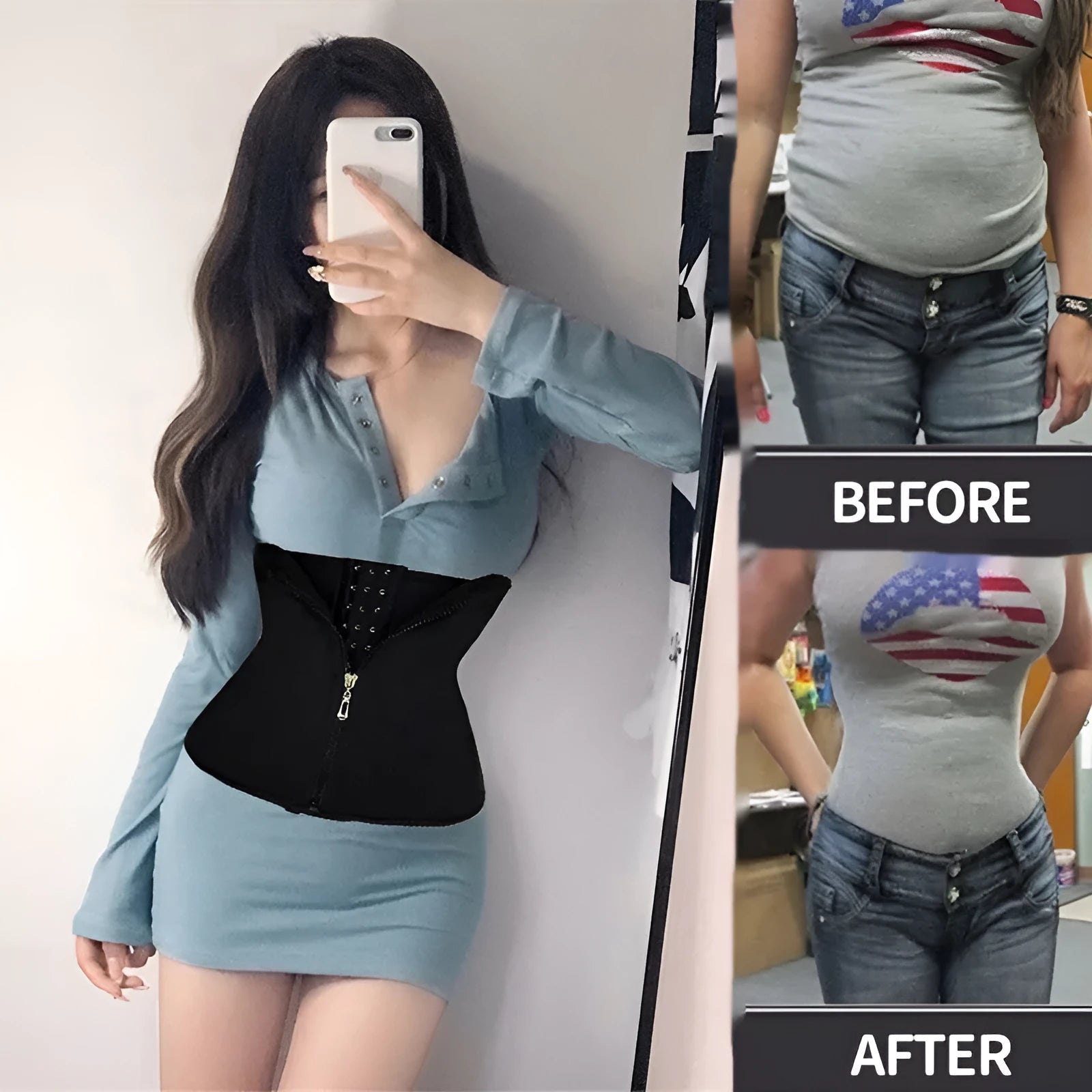 Neoprene breasted belly band for body shaping in black, blue, purple, and red colours.