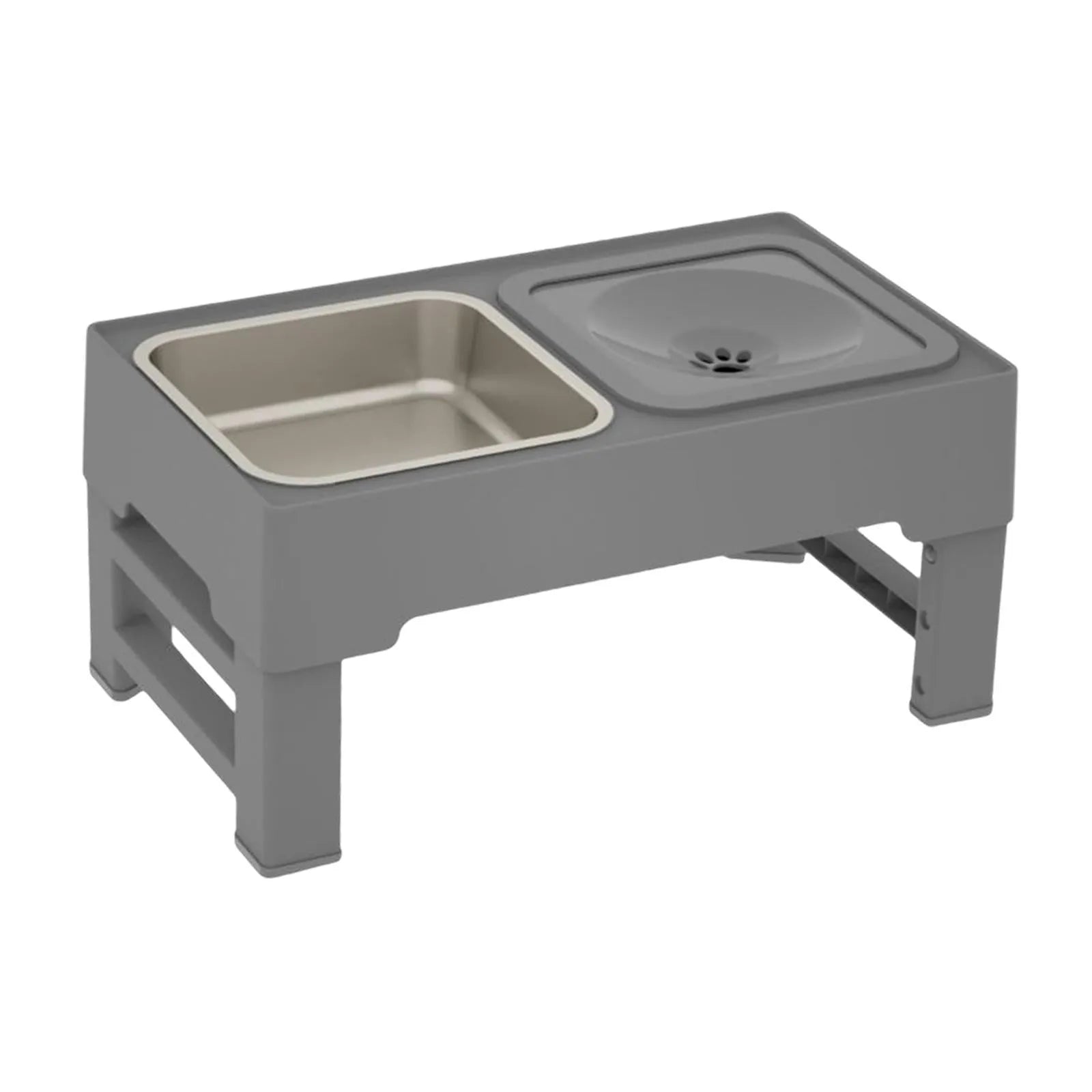 Adjustable raised dog feeder with stainless steel bowl and grey slow feeder bowl on a foldable stand.