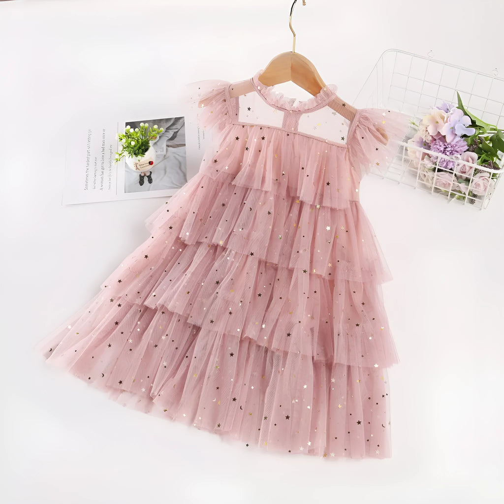 Girls' sleeveless fairy princess dress with star sequins and cake pattern, available in multiple colours and sizes 80-160cm