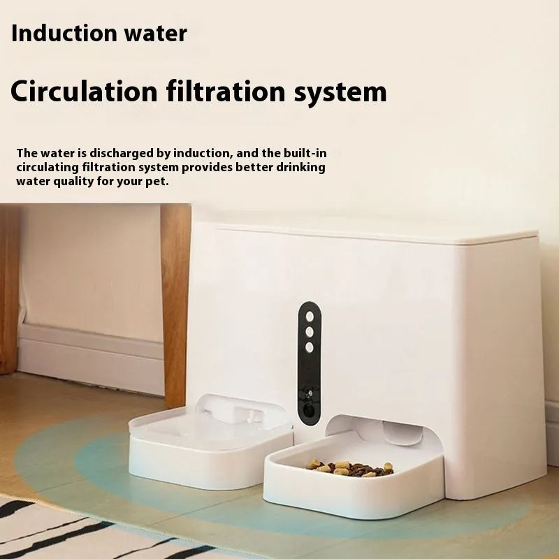 White pet intelligent feeding and drinking all-in-one machine with plastic construction, dimensions 420x175x280mm