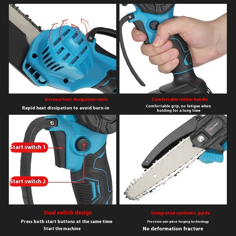6-inch rechargeable lithium chainsaw with dual battery and plastic storage box against white background