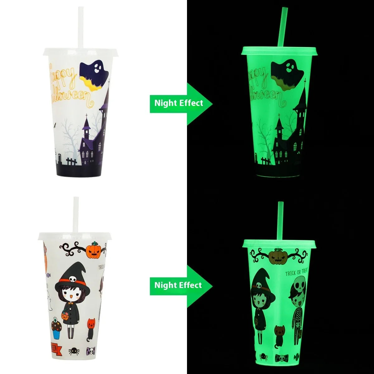 A 720ml cylindrical plastic cup with a luminous straw, shown in one of six available colours.