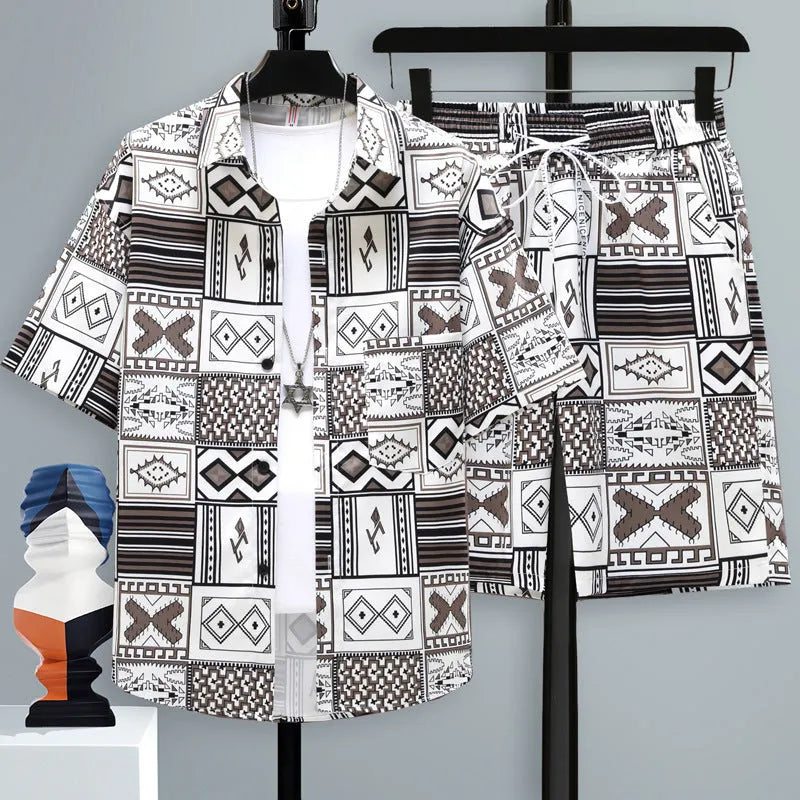 Men's casual polyester short-sleeve top and matching shorts two-piece set on a hanger.