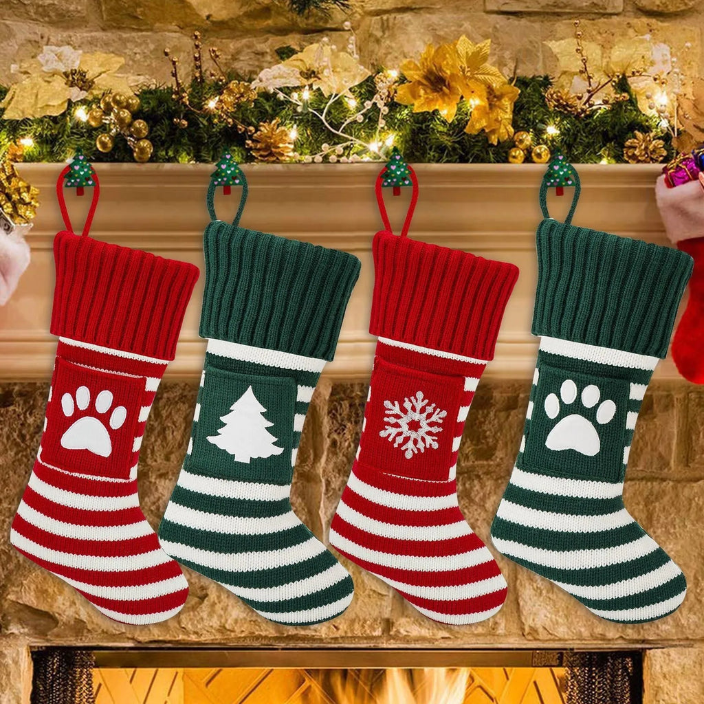 Knitted Christmas cat and dog socks gift bag in red dog's paw colour, with festive knit pattern