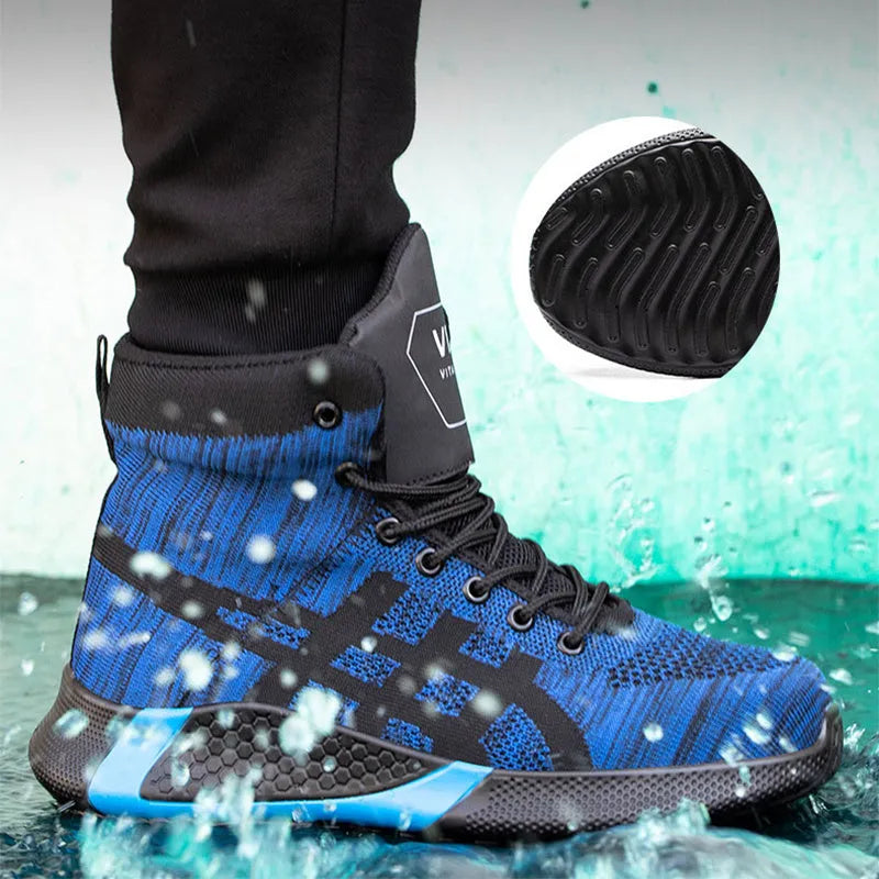 Winter plush safety boots for men with steel toe, anti-puncture sole, and lace-up design in black
