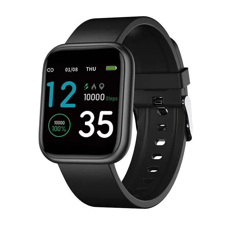 Smart watch with colour touch screen displaying health metrics, shown with a black Huami watchband.