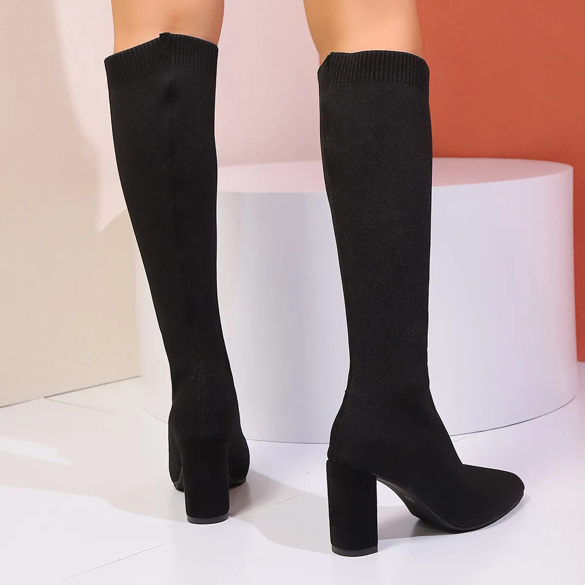 Black high heel fashion boots for women, fabric upper, cotton lining, high shaft, sizes 35-42