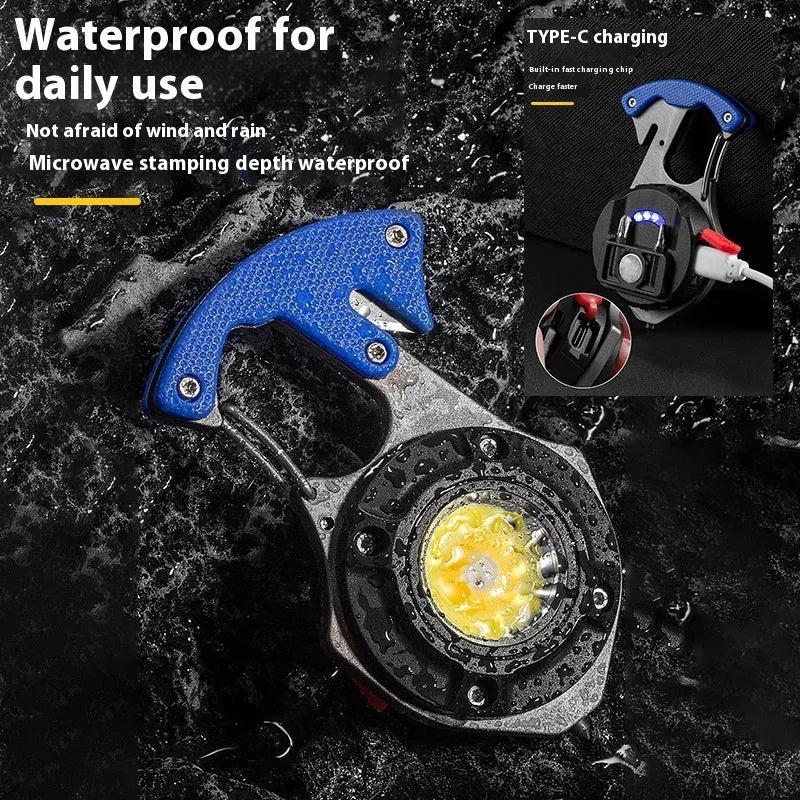 Portable multifunctional keychain flashlight with screwdriver and window breaker hammer, showing COB LED light.