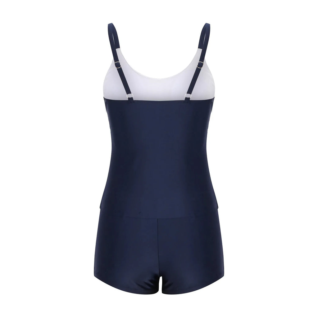 Ladies conservative stripe boyshorts split fashion swimsuit with moderate coverage