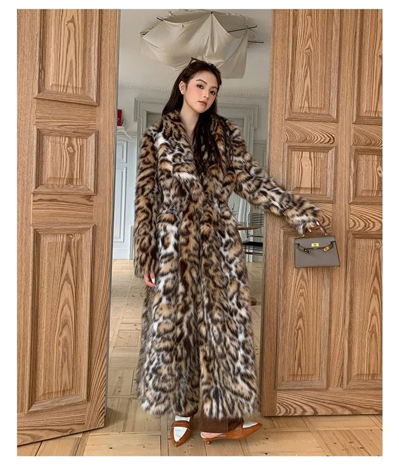 Women's faux fur coat with fur collar in street fashion style showing long and mid-length options