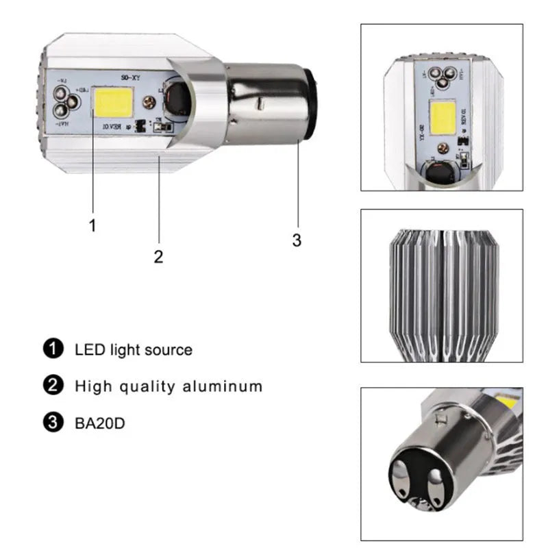 Motorcycle LED M4 H6 headlight unit with aluminium housing and white light lens.