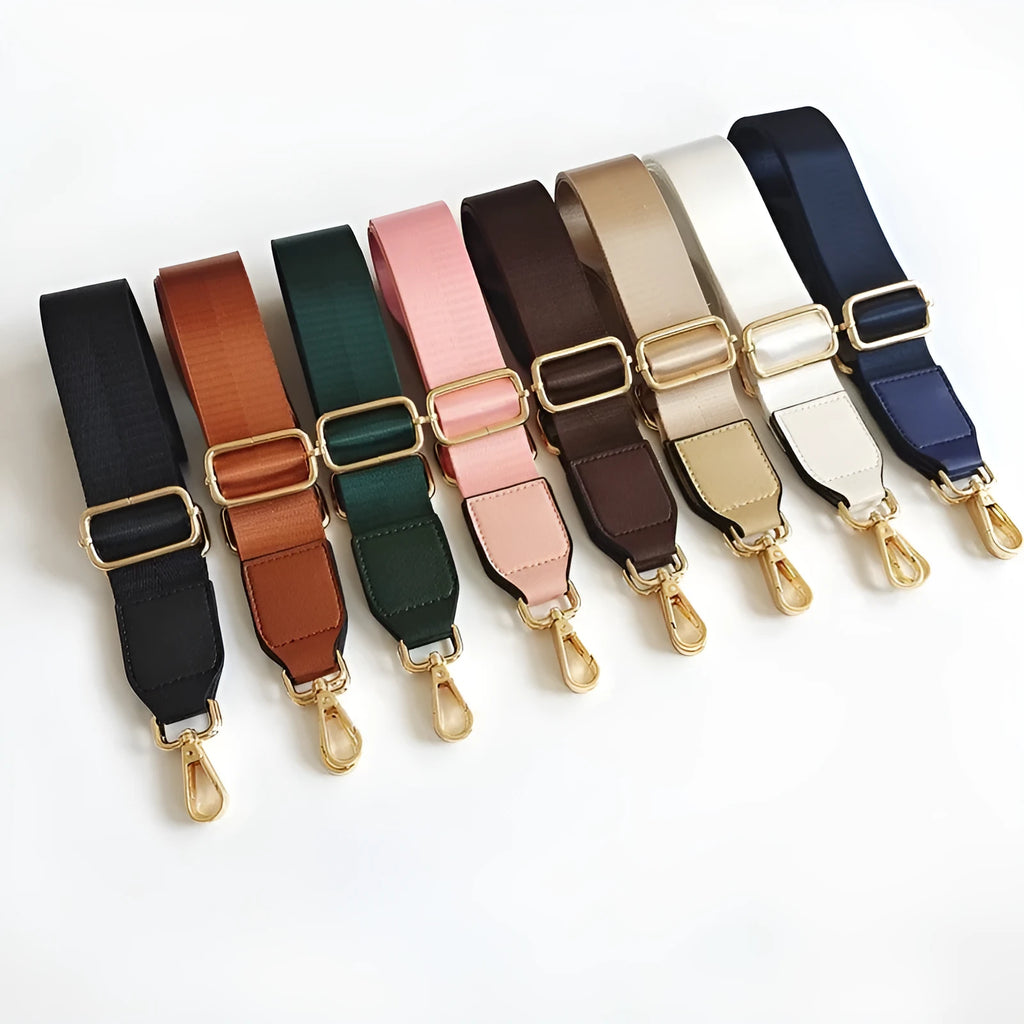Adjustable nylon shoulder strap with gold hook, shown in 22 colour options for women's bag replacement
