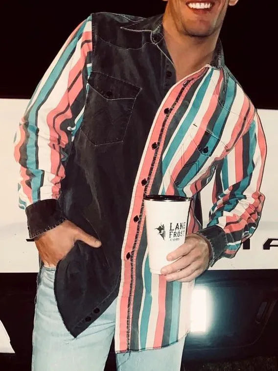 Men's retro printed loose long sleeves striped casual shirt cardigan in polyester fibre