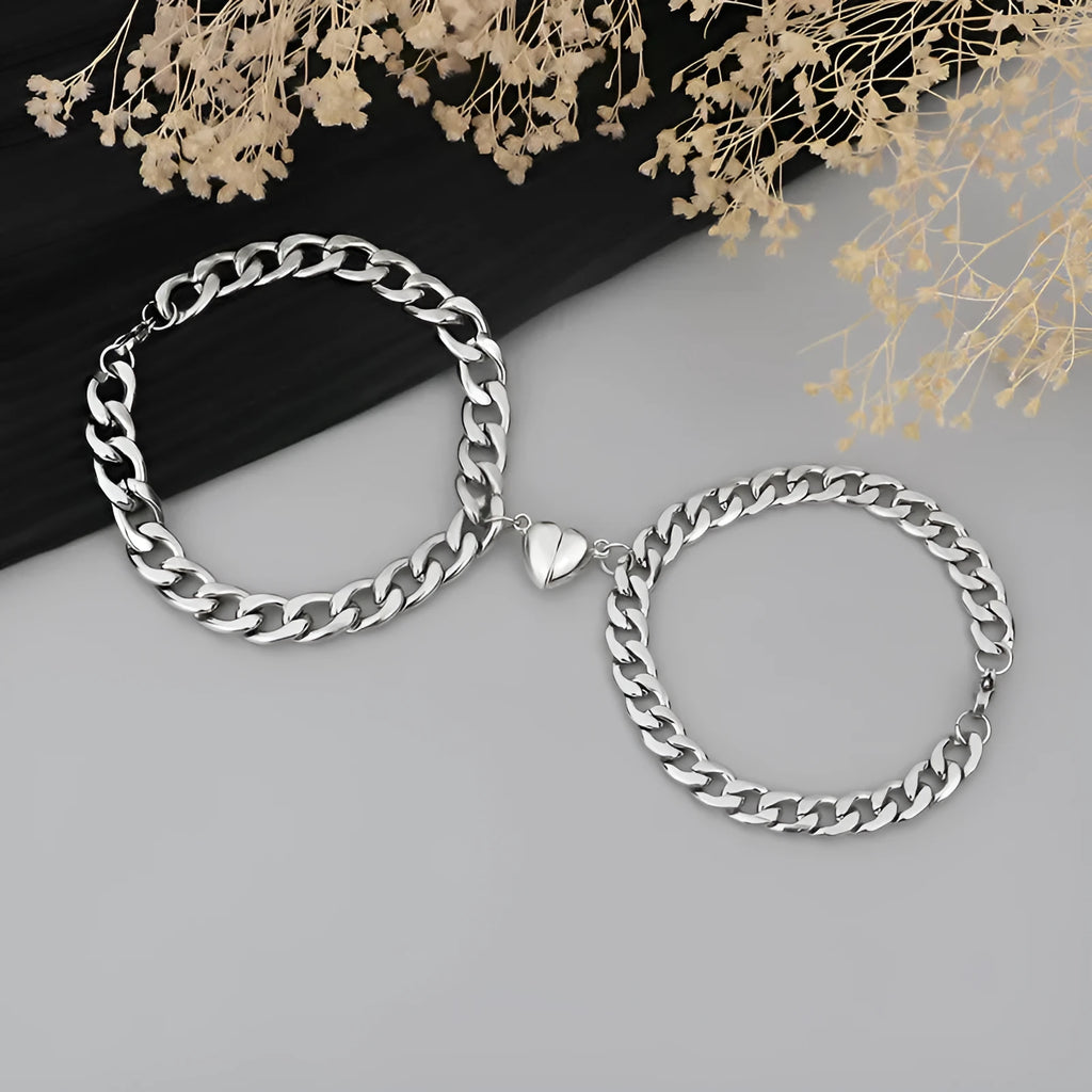 Magnetic couple bracelet set with silver heart charm on stainless steel chain