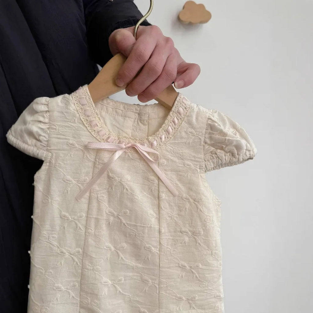 Girls cotton suspenders dress solid colour bow detail creamy white beige children 90-140cm