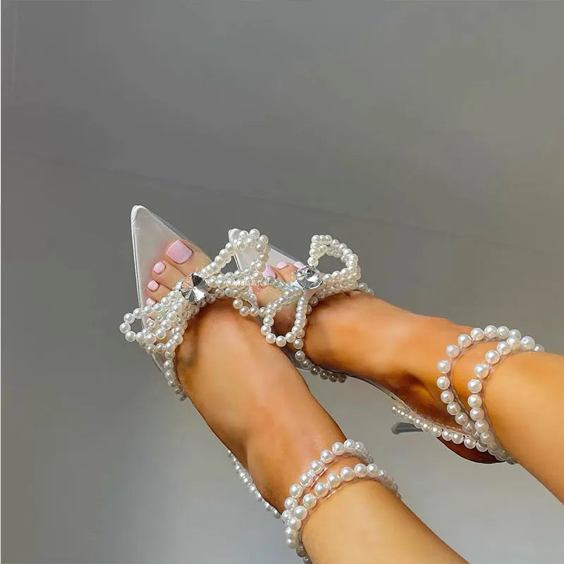 Silver transparent PVC pointed-toe sandals with crystal pearl bow and low heel, sizes 35-42